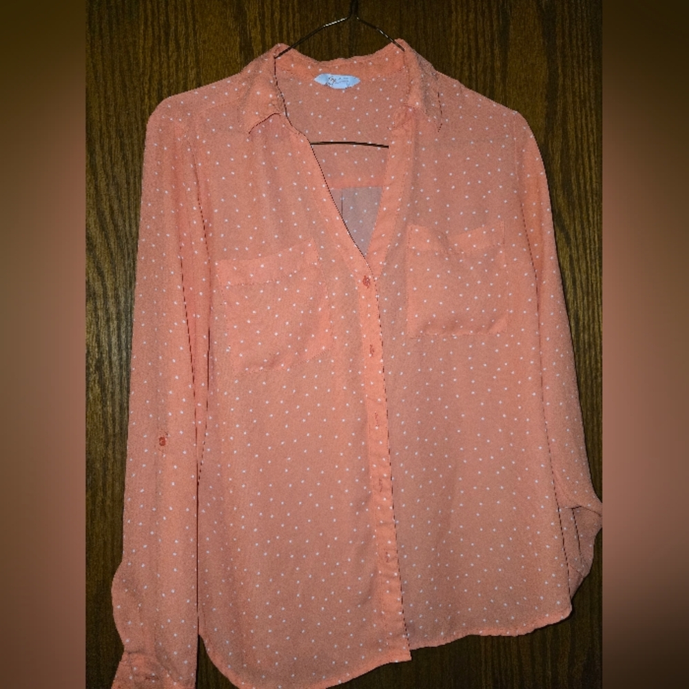 Light Coral Polka Dot Button-Front Blouse - Women
